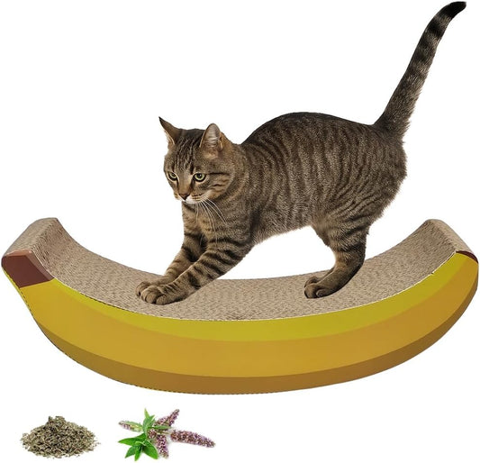 Cat scratching board with Banana design and Catnip, Heavy-duty corrugated paper scratcher for Kittens & Adult cats, Reversible cat scratch pad for claw grinding, 45 cm (Yellow)