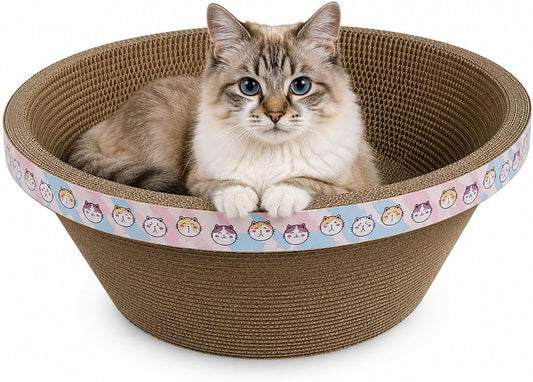 Oval Cardboard Cat Scratcher Bed, Wide Corrugated Scratching Bowl & Cozy Cat Lounger for Indoor Cats, Deep Resting Design with Decorative Pink Print for Scratching, Stretching & Napping, 45 cm
