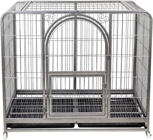 Large dog cage with Open-top design, Lockable door, Removable tray, and Universal wheels, Heavy-duty metal dog cage for medium to large breeds, Suitable for indoor & outdoor use 125 cm (Silver)