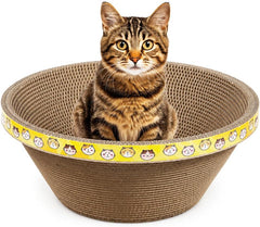 Oval Cardboard Cat Scratcher Bed, Wide Corrugated Scratching Bowl & Cozy Cat Lounger for Indoor Cats, Deep Resting Design with Decorative Yellow Cat Print for Scratching, Stretching & Napping, 45 cm