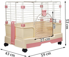 Rabbit cage for indoor/outdoor use, Durable metal wire rabbit cage with Transparent door, Food bowl, Removable tray, and Universal wheels, Ideal for small pet, Easy assembly 59 cm (Pink)