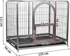 Large dog cage with Open-top design, Lockable door, Removable tray, and Universal wheels, Heavy-duty metal dog cage for medium to large breeds, Suitable for indoor & outdoor use 125 cm (Silver)