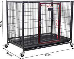 Dog Cage - Heavy-Duty Metal Dog Crate for Large, Medium & Small Dogs - Dog Kennel with Stackable Design with Open-Top Cover, Lockable Door, Tray & Universal Wheels, Indoor & Outdoor Use, 94cm (Black)