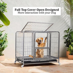 PETS Dog Cage - Heavy-Duty Metal Dog Crate for Small & Medium Dogs - Open-Top Design with Lockable Door, Removable Tray & Universal Wheels, Dog Kennel for Indoor & Outdoor Use (Silver, Medium)