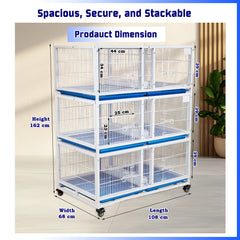 Large 3-Tier Pet Partition Cage with Wheels, Stackable Metal Animal Cage for Cats, Dogs, Rabbits, Birds and Small Pets, Multi-Compartment Breeding Kennel with Removable Trays, Lockable Doors, Indoor Pet Shop Home Use