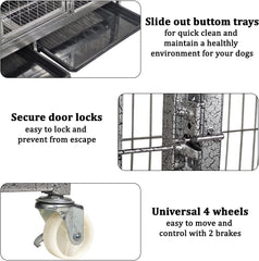 Large Dog Cage with Metal Frame - Dog Crate with Bottom Tray, Moveable Design, Top Cover, Front Door with Feeding Access for Indoor & Outdoor Use, Suitable for All Breeds (Grey, Large)