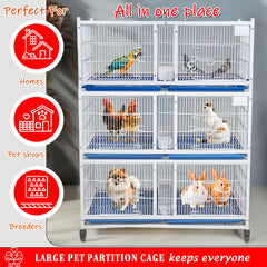 Large 3-Tier Pet Partition Cage with Wheels, Stackable Metal Animal Cage for Cats, Dogs, Rabbits, Birds and Small Pets, Multi-Compartment Breeding Kennel with Removable Trays, Lockable Doors, Indoor Pet Shop Home Use