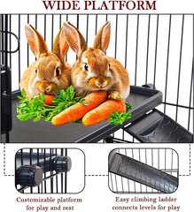 Multi-layer Pet Cage with Universal wheels, Pull-out Tray, Open-Top & Transparent Access Door, 115 cm Indoor Outdoor Cage for Rabbits, Ferret, and Small pets, Rabbit Cage with Ladder (Black)