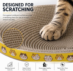 Oval Cardboard Cat Scratcher Bed, Wide Corrugated Scratching Bowl & Cozy Cat Lounger for Indoor Cats, Deep Resting Design with Decorative Yellow Cat Print for Scratching, Stretching & Napping, 45 cm