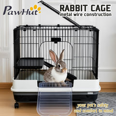 Portable Bunny Cage with Universal wheels, Pull-out Tray, Open-Top & Transparent Access Door, 70 cm Indoor Outdoor Cage for Rabbits, Ferret, and Small pets, Rabbit Cage with Ladder (Black)