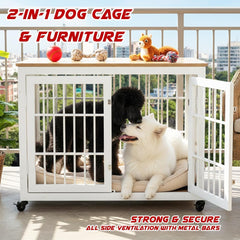 Dog cage with Metal frame, Table Top, Lockable Doors and Wheels, 98 cm Pet Kennel for Medium to Large Dogs, Air Ventilation, and Indoor-Outdoor use, Dog Crate Furniture for Multiple puppies (White)