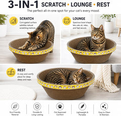 Oval Cardboard Cat Scratcher Bed, Wide Corrugated Scratching Bowl & Cozy Cat Lounger for Indoor Cats, Deep Resting Design with Decorative Yellow Cat Print for Scratching, Stretching & Napping, 45 cm