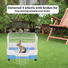 Rabbit cage with Metal wire construction, Secure door lock, Removable tray, and Universal wheels, Durable pet cage for Rabbits and Hamsters, Ideal for indoor/outdoor, Easy to clean 64 cm (Blue)