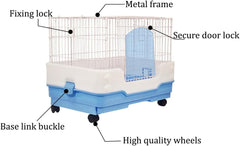 Rabbit cage with Metal wire construction, Secure door lock, Removable tray, and Universal wheels, Durable pet cage for Rabbits and Hamsters, Ideal for indoor/outdoor, Easy to clean 64 cm (Blue)