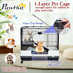 Portable Bunny Cage with Universal wheels, Pull-out Tray, Open-Top & Transparent Access Door, 70 cm Indoor Outdoor Cage for Rabbits, Ferret, and Small pets, Rabbit Cage with Ladder (Black)