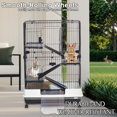 Multi-layer Pet Cage with Universal wheels, Pull-out Tray, Open-Top & Transparent Access Door, 115 cm Indoor Outdoor Cage for Rabbits, Ferret, and Small pets, Rabbit Cage with Ladder (Black)