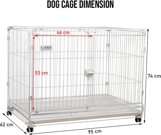 Dog cage crate kennel with Durable metal wire, Open-top design, Secure door lock, Removable tray, and Universal wheels, Heavy-duty dog cage for Large breeds, Ideal for indoor/outdoor 95 cm (White)