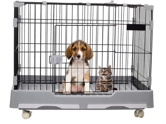 Cat cage with Open-top design, Metal wire, Lockable door, Removable tray, and Universal wheels, Spacious cat cage for Cats and Small dogs, Ideal for Indoor/outdoor use, Easy to assemble 82 cm (Grey)