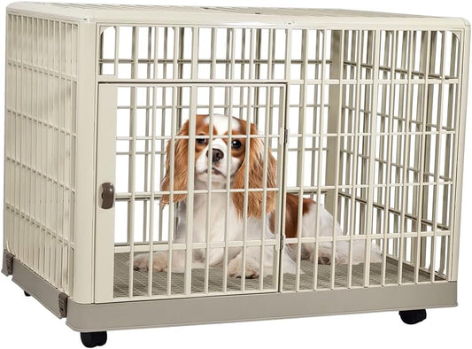 Dog Cage | Durable Plastic Dog Crate for Small & Medium Dogs with Open-top Design | Lockable Door & Universal Wheels, | Dog Kennel for Indoor & Outdoor Use | Easy Assembly (Khaki, Medium)