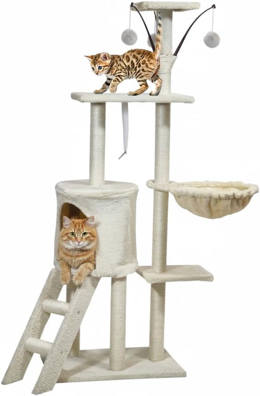 Multi-level cat tree tower for Indoor cats & Kittens, Sturdy activity center with Hanging toys, Sisal scratching post, Cozy Hammock, Plush Condo and Ladder, Easy assembly, 136 cm