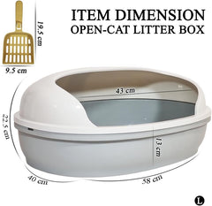 Semi open cat litter box with Durable plastic material, Splash guard, Stable base and Air ventilation design, Pet waste tray with Scoop, high fence, Indoor-outdoor use, and Detachable