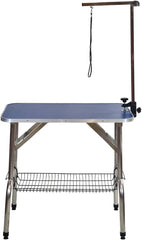 Foldable Pet Grooming Table with Non-slip surface, Folding crossbeams, and Portable, Beauty station for small to medium pet, Space saving design, Storage Basket, Adjustable Arm & Noose, 145 cm (Blue)