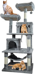 Cat tree tower with Multiple perches, Dangling balls, Sisal scratching post, Spacious cat condos, and Cozy hammock, Multi-level cat tree activity center for indoor cats, Easy assembly 143 cm (Grey)