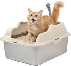 Stainless steel cat litter box with Scoop, Anti-splash design, Grid design, Non-stick, and Odor resistant, Open top kitty toilet for Indoor cats & kittens, Easy to clean