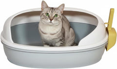 Semi open cat litter box with Durable plastic material, Splash guard, Stable base and Air ventilation design, Pet waste tray with Scoop, high fence, Indoor-outdoor use, and Detachable