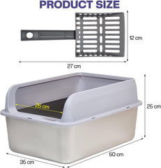 Stainless steel cat litter box with Scoop, Anti-splash design, Grid design, Non-stick, and Odor resistant, Open top kitty toilet for Indoor cats & kittens, Easy to clean