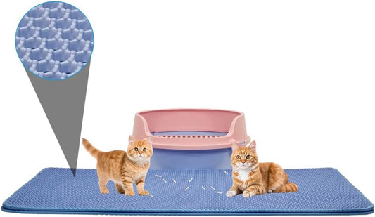 Cat litter mat, Large cat litter box trapping mat, Honeycomb double layer urine & waterproof, Washable easy clean, Scatter control litter mats, Anti-slip bottom, Blue