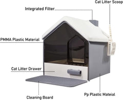 Cat Litter Box with House-Shaped Design - Drawer-Type, Transparent Door, Enclosed Cat Litter Scoop & Cleaning Mat – Splash-Proof & Odor-Control Cat Toilet Box, Easy to Clean