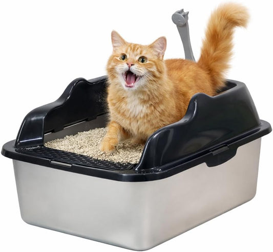Stainless steel cat litter box with Scoop, Anti-splash design, Grid design, Non-stick, and Odor resistant, Open top kitty toilet for Indoor cats & kittens, Easy to clean