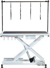 Electric Pet Grooming Table with Foot pedal, Power outlets & USB, Tool Hook and Storage, 191 cm Dog grooming station with Electric motor, Non-slip & Replaceable surface, Height adjustable (White)