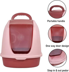 Fully-enclosed cat litter box with Portable handel, Flip cover entrance, Litter scoop, and Detachable design, Durable plastic cat toilet, Ideal for indoor/outdoor use, Easy to clean 38 cm