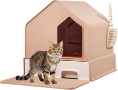 Cat Litter Box with House-Shaped Design - Drawer-Type, Transparent Door, Enclosed Cat Litter Scoop & Cleaning Mat – Splash-Proof & Odor-Control Cat Toilet Box, Easy to Clean