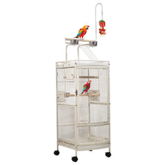 Bird cage for Parrots and Parakeets, Heavy-duty steel bird cage with Acrylic door, Play-top area, Wooden perches, food bowls, Slide-out tray, and Universal wheels, Easy to assemble, 182 cm (White)