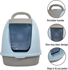 Fully-enclosed cat litter box with Portable handel, Flip cover entrance, Litter scoop, and Detachable design, Durable plastic cat toilet, Ideal for indoor/outdoor use, Easy to clean 38 cm
