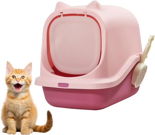Fully-enclosed cat litter box with Durable plastic, Carrying handle, Sand filter holes, and Litter scoop, Splash-proof cat toilet for Indoor cats & kittens, Easy to clean 45 cm