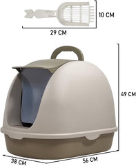 Fully-enclosed cat litter box with Portable handel, Flip cover entrance, Litter scoop, and Detachable design, Durable plastic cat toilet, Ideal for indoor/outdoor use, Easy to clean 38 cm