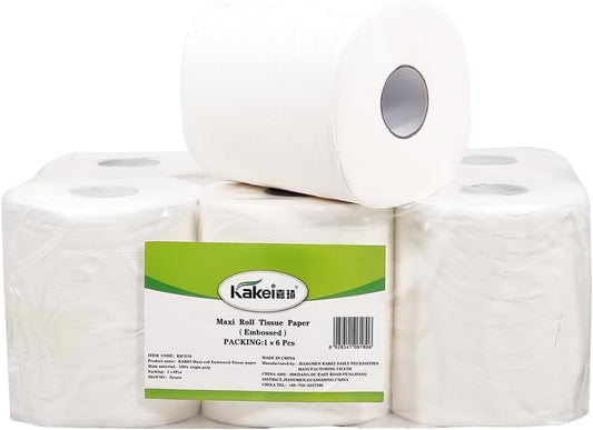 Tissue paper with Virgin pulp and Embossed design, Multi-purpose cleaning wipes, Suitable for Home, Restaurant, Travel, and Hotel bathroom, Dust-free toilet paper, 1 Pack of 6 Rolls 53 cm (White)