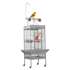 Bird cage with Play-top area, Wooden perches, Stainless steel food cups, Slide-out tray, and Universal wheels, Sturdy wrought iron bird cage for Large birds, Ideal for Indoor/Outdoor, 202 cm (Grey)
