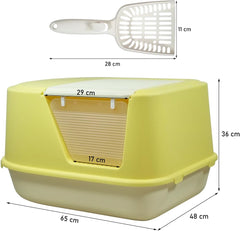 Enclosed cat litter box for Indoor cats & kittens, Durable plastic cat litter box with Transparent door, Litter scoop, and Sand drop pedal, Splash-resistant cat toilet, Easy to clean 65 cm