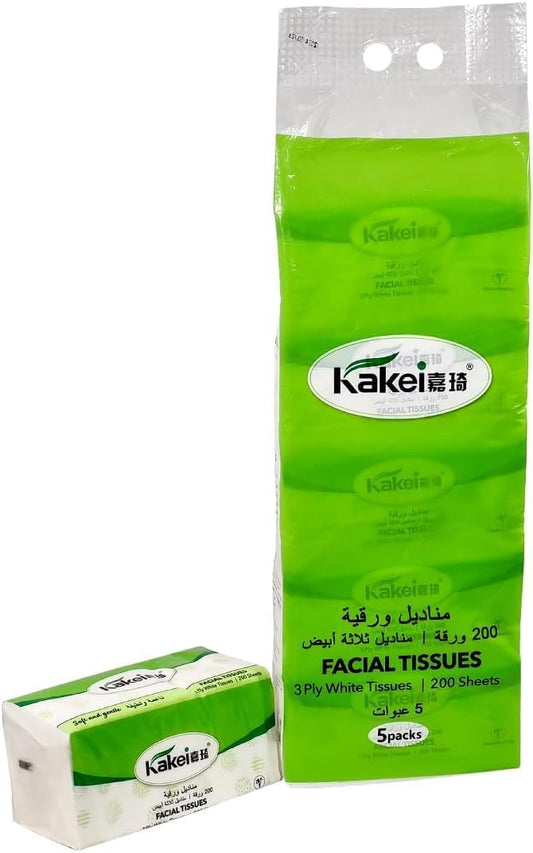 5Pcs Tissue paper with 3ply, Natural wood pulp, and Eco-friendly material, Durable absorbent facial tissue for Home, Travel, Restaurant, and Office, Soft & strong for Wet/Dry use, 200 sheets (White)