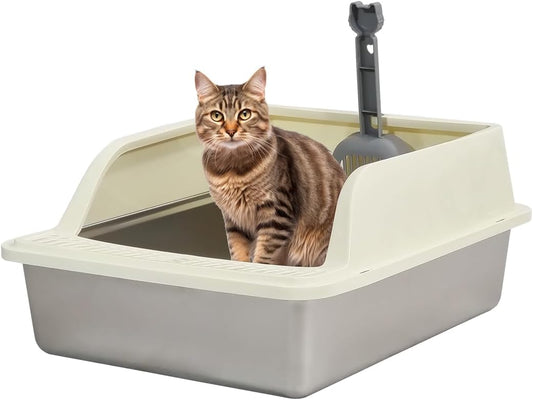 Semi-enclosed stainless steel cat litter box with a Litter scoop, Grid design, and High wall side cover, Durable litter box for Indoor cats, Detachable design for easy cleaning, 50 cm