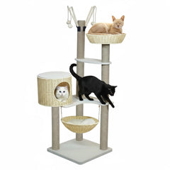 Modern cat tree with Stable base, Durable and Wooden frame, 148 cm Multi-level cat tower for Indoor and all size of cats, Cat Furniture with Perches, Basket bed, Scratching posts, and Hammock, (Beige)