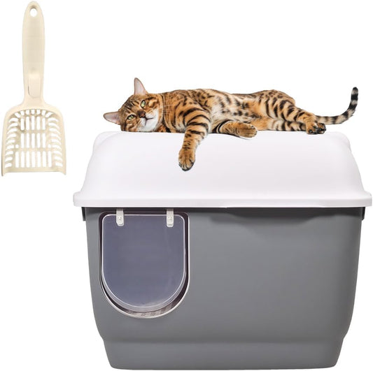 Fully-enclosed cat litter box with Corridor entry & exit, Transparent door, Litter scoop, and Open-top design, Splash-proof cat toilet for Indoor cats & kittens, Easy to clean 57 cm
