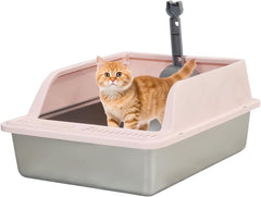 Semi-enclosed stainless steel cat litter box with a Litter scoop, Grid design, and High wall side cover, Durable litter box for Indoor cats, Detachable design for easy cleaning, 50 cm