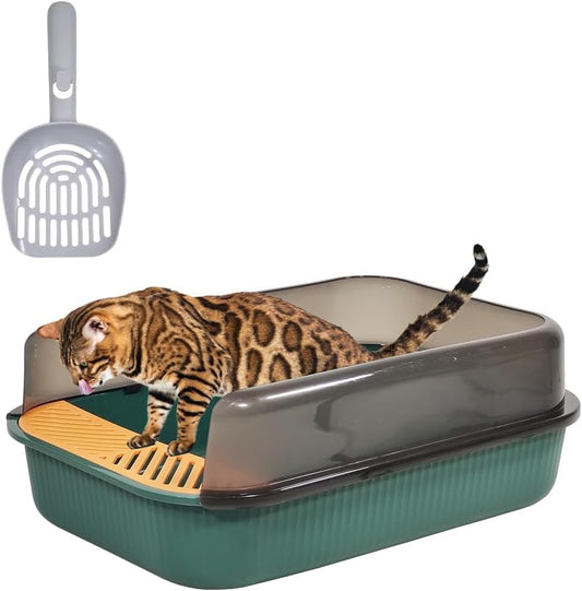 Cat litter box for medium to large cats, Durable plastic cat litter box with Raised fence, Sand filter holes, and Litter scoop, Leak-proof cat toilet, Ideal for indoor/outdoor 35 cm (Green)