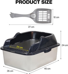 Stainless steel cat litter box with Scoop, Anti-splash design, Grid design, Non-stick, and Odor resistant, Open top kitty toilet for Indoor cats & kittens, Easy to clean